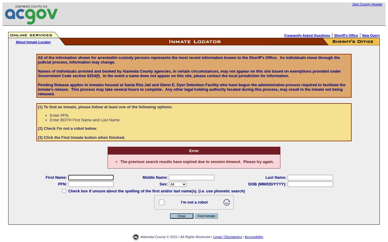 Alameda County Sheriff inmate locator name and PFN search form