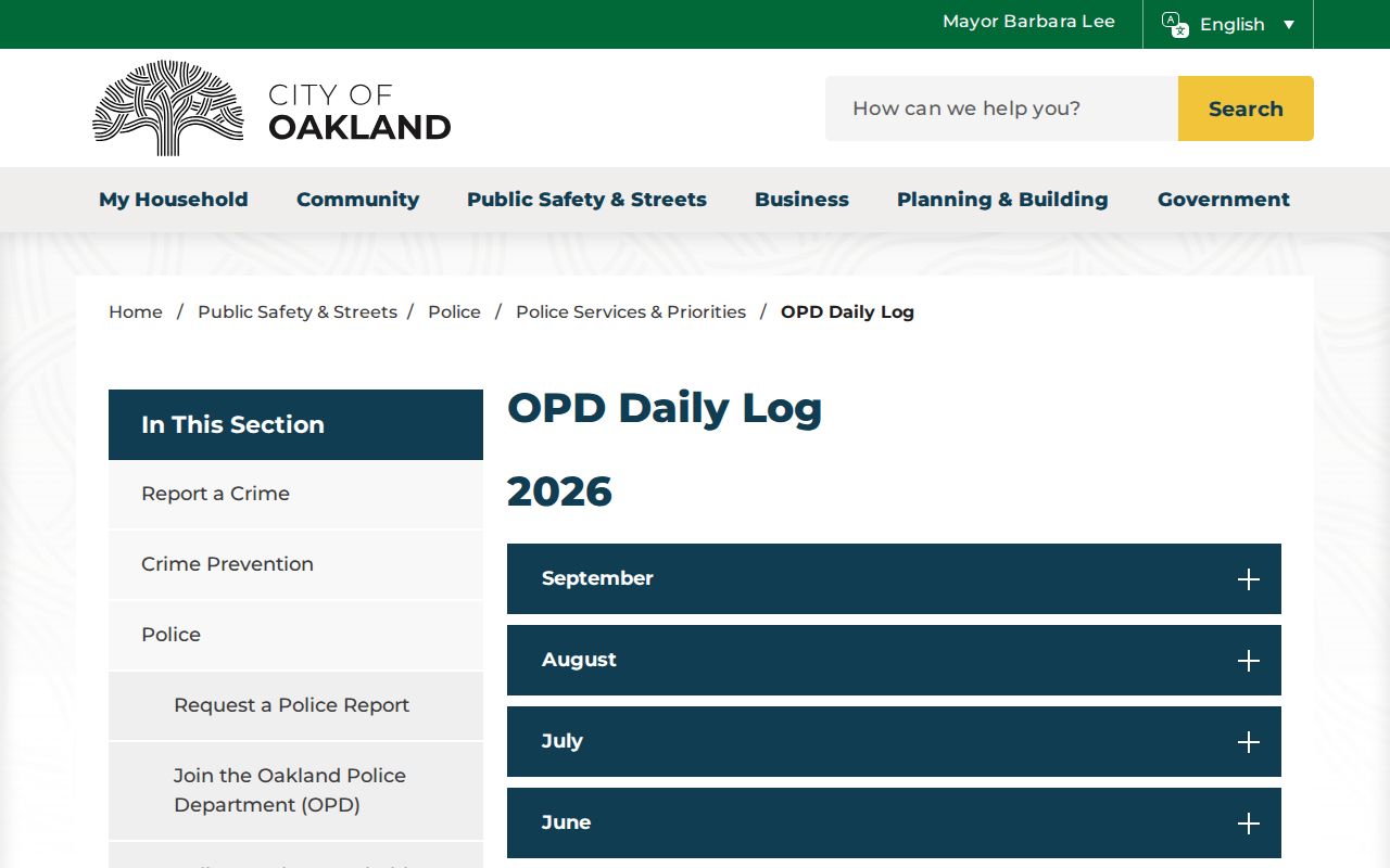 Oakland Police Department official Daily Log webpage
