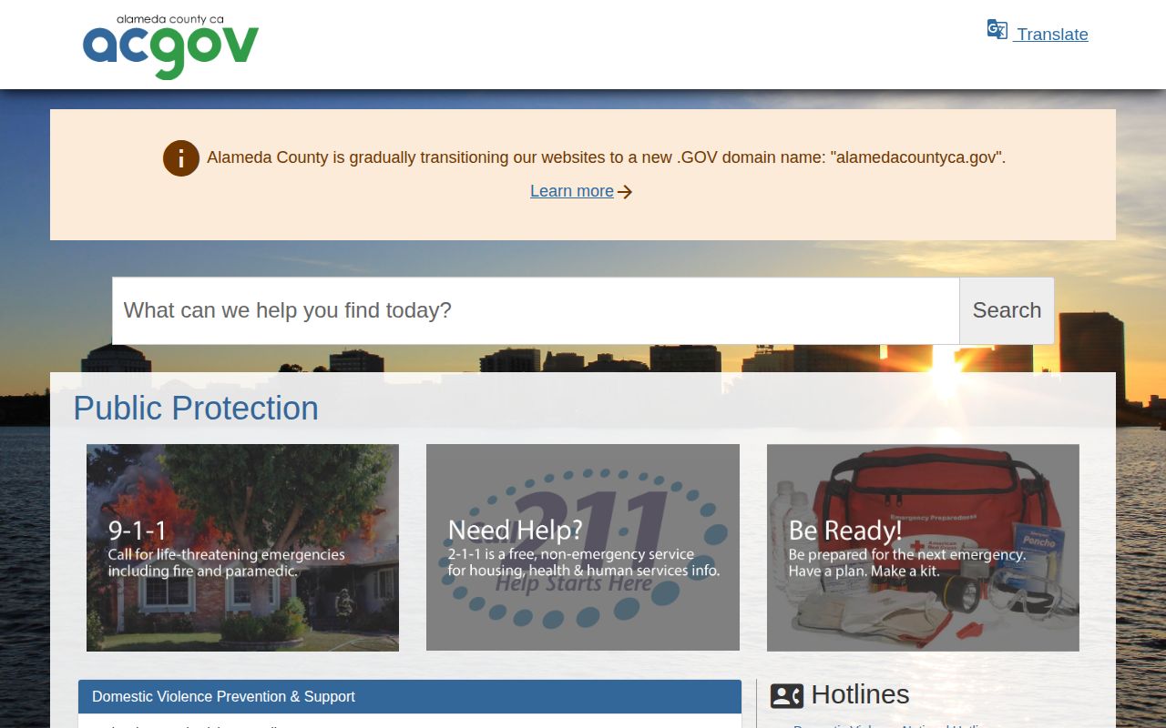 Alameda County Public Protection directory linking to VINE