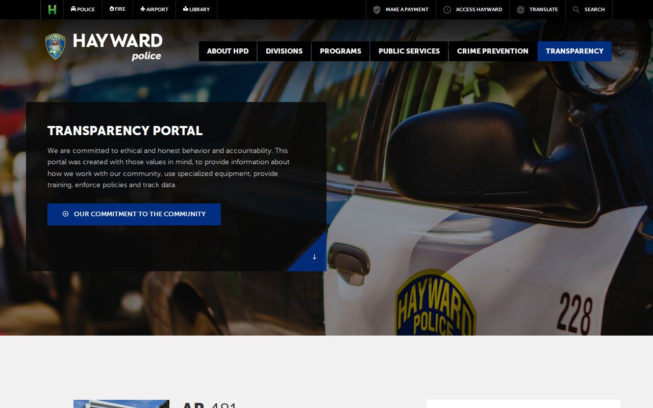 Hayward Police transparency portal for recent arrest and blotter records