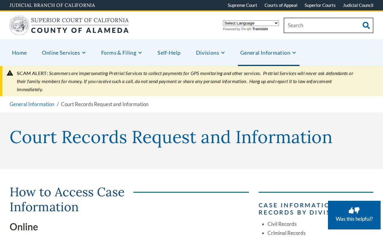 Alameda Superior Court records request and information webpage