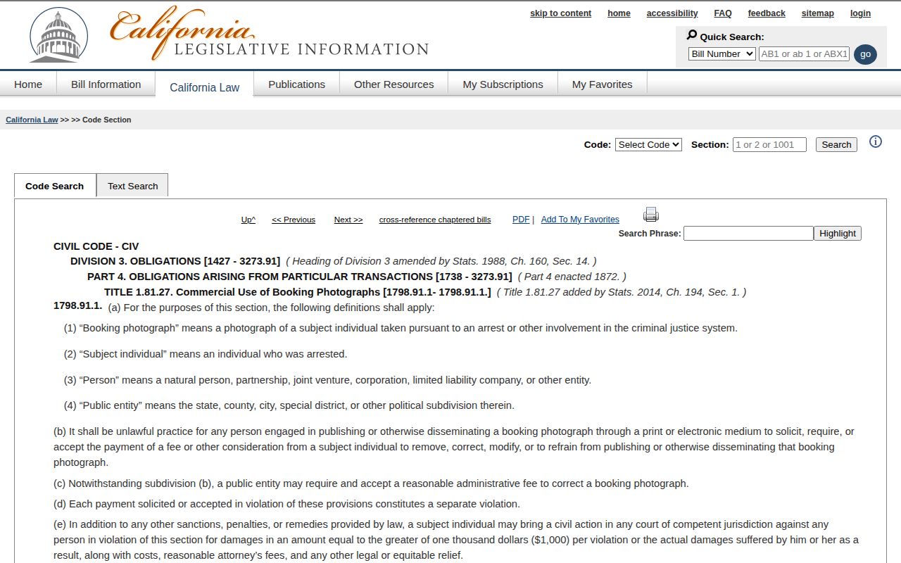 California Civil Code section 1798.91.1 official webpage