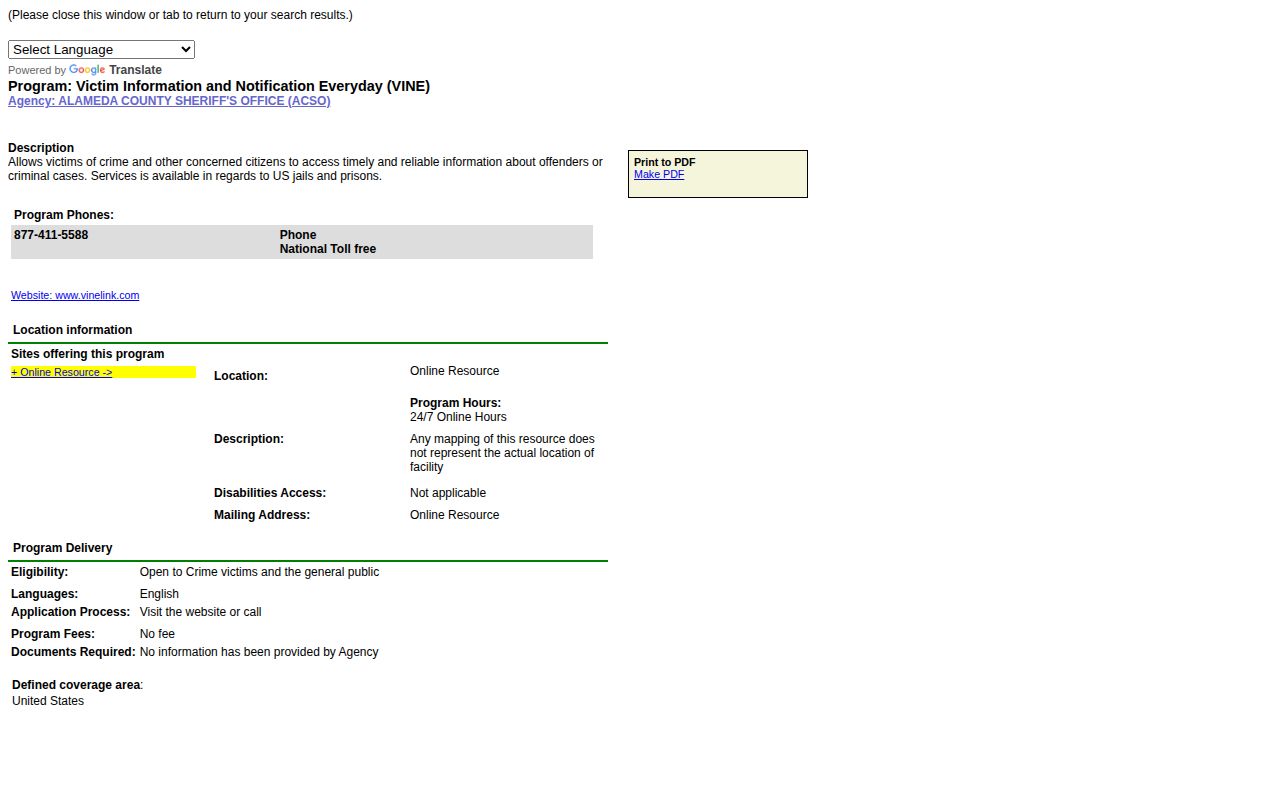 Alameda County Sheriff VINE program listing